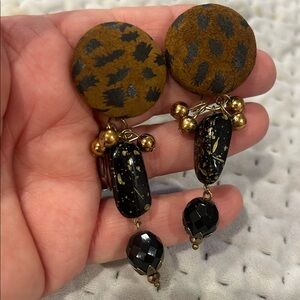 Vintage Suede Leopard Print and Black Beaded Earrings-Boutique